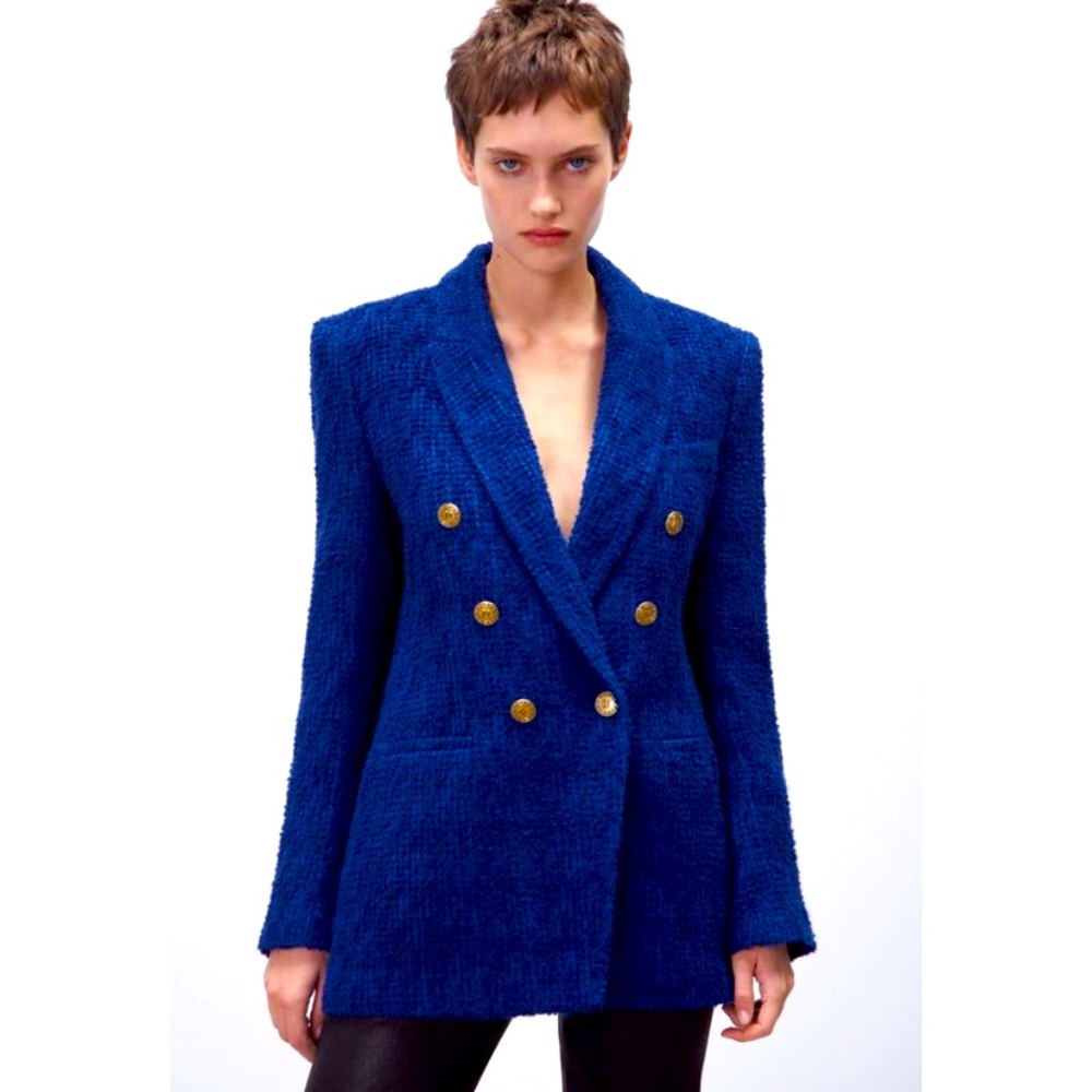 Zara double breasted textured blue blazer gold buttons